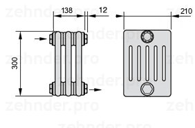 Схема (чертеж) Радиатор Zehnder Charleston 6030/3 №1670 Белый глянцевый RAL 9016